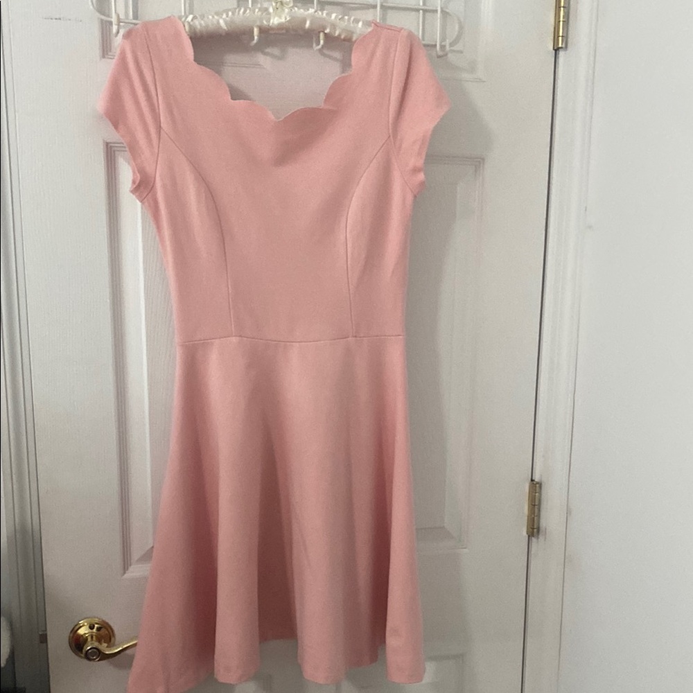 Love…ady Pink Scalloped neck Dress PTP 16 M. Some stretch. Cinched waist.
